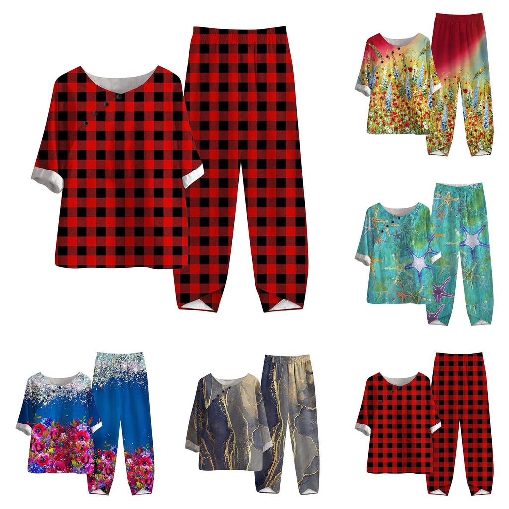 Women's Summer Half Sleeve Printed Tops Elastic Waist Nine Piece Pants Two Piece Set