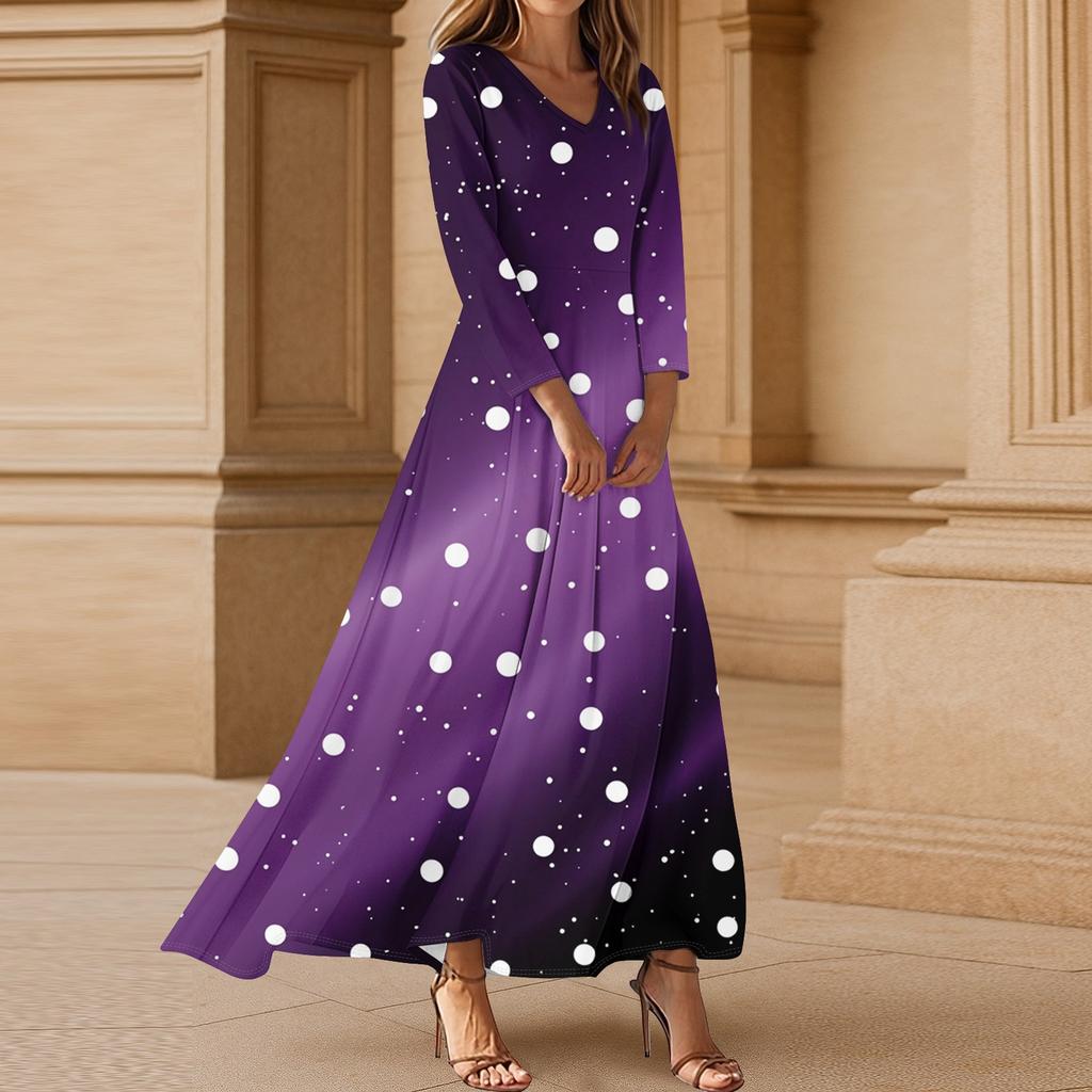 Women's Casual 3/4 Sleeve V-Neck Floral Print Maxi A-Line Beach Dress