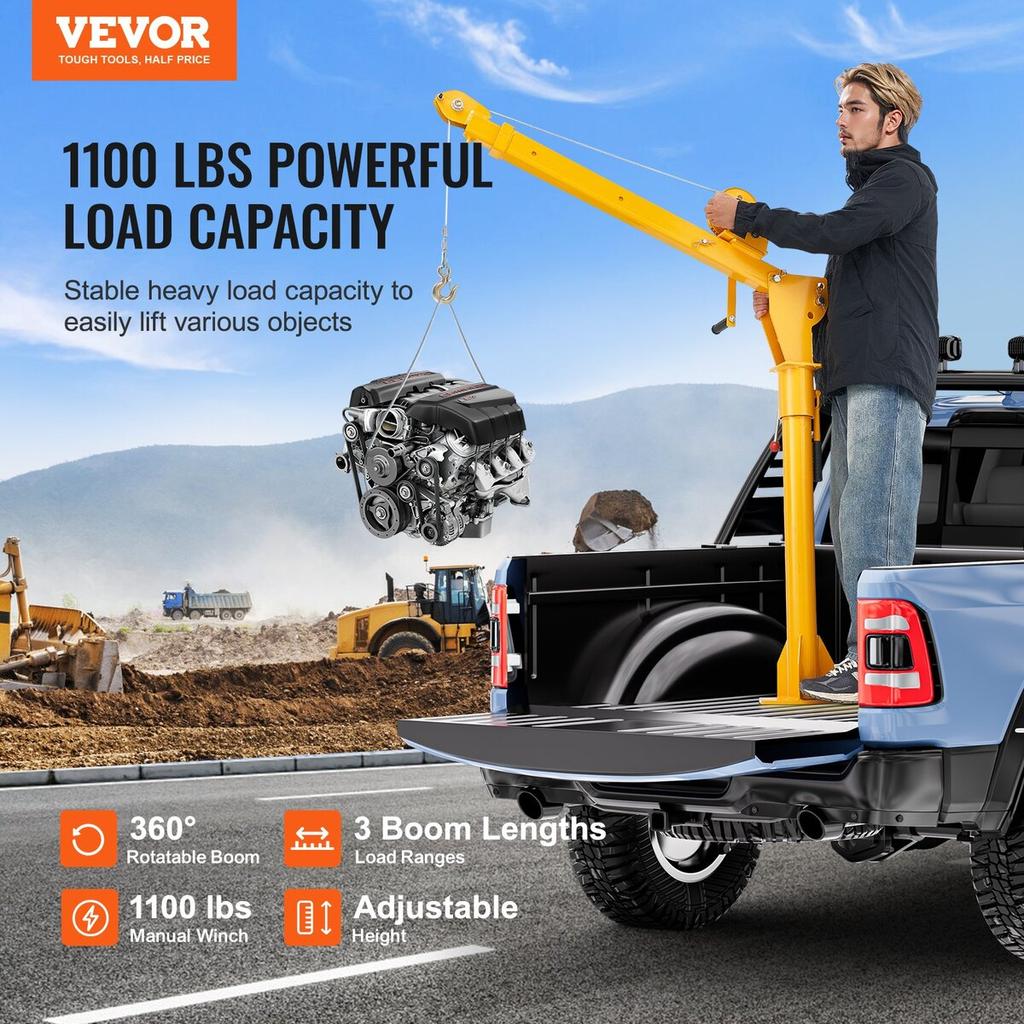 Pickup Truck Crane Hoist Crane 1100 lbs with Manual Winch 360° Hoist Lift