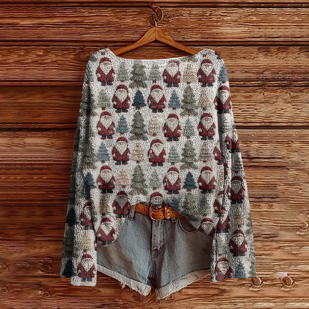 Women's Christmas Print Lightweight Sweater Casual Long Sleeve Knitted Pullover