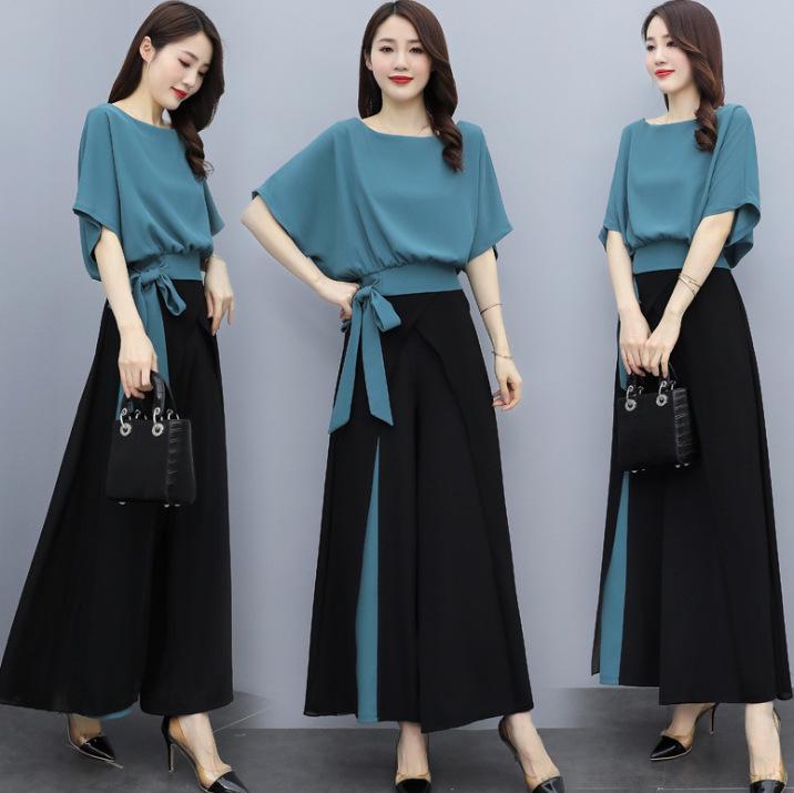 2022 Summer Chiffon Wide-Leg Pants Set: Elegant Goddess Style Two-Piece for Women - Fashionable, Drapey, Slimming.