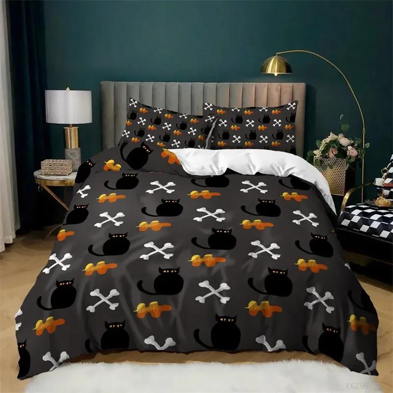 Cartoon Pumpkin Duvet Cover Gothic Halloween Skull Bedding Set Polyester Lantern Ghost Comforter Cover King For Boys Girls Decor
