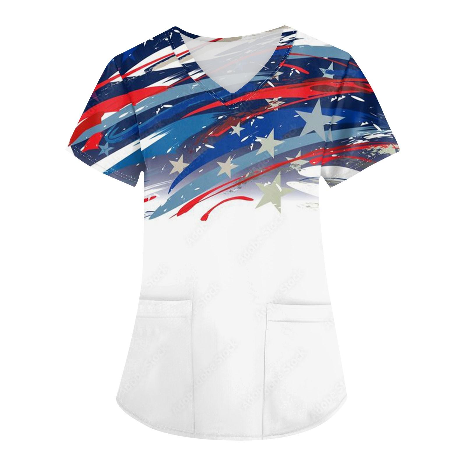 

Женские модные топы с принтом на День независимости и короткими рукавами и V-образным вырезом, рабочие футболки с карманами XL белый