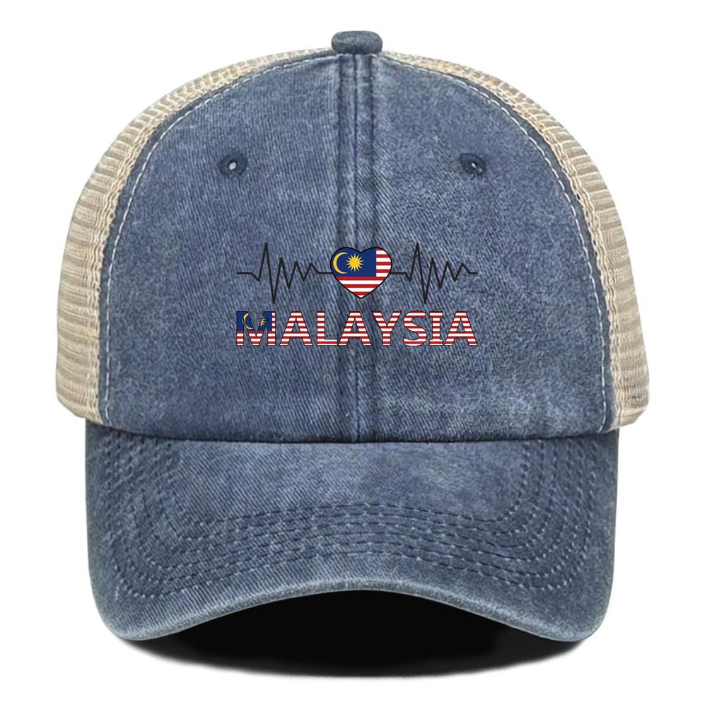 Heart Wave Malaysia Flag Print Snapback Baseball Hat, Patriotic Flat Cap Raw Brim Lightweight Distressed Adjustable Strap Snapback Baseball Cap