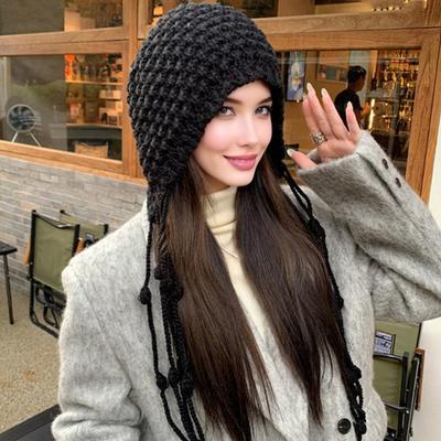Yousheng Women Crochet Slouchy Skull Cap with Tassel Handwoven Textured Knit Hat Ethnic Style Fringed Hat for Autumn Winter
