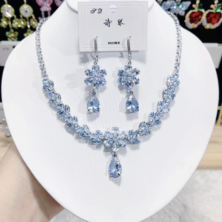 Trendy Zirconia Flower Necklace Earrings For Women Engagement Fashion Jewelry Set Bridal Wedding Chokers Party Accessories Gifts