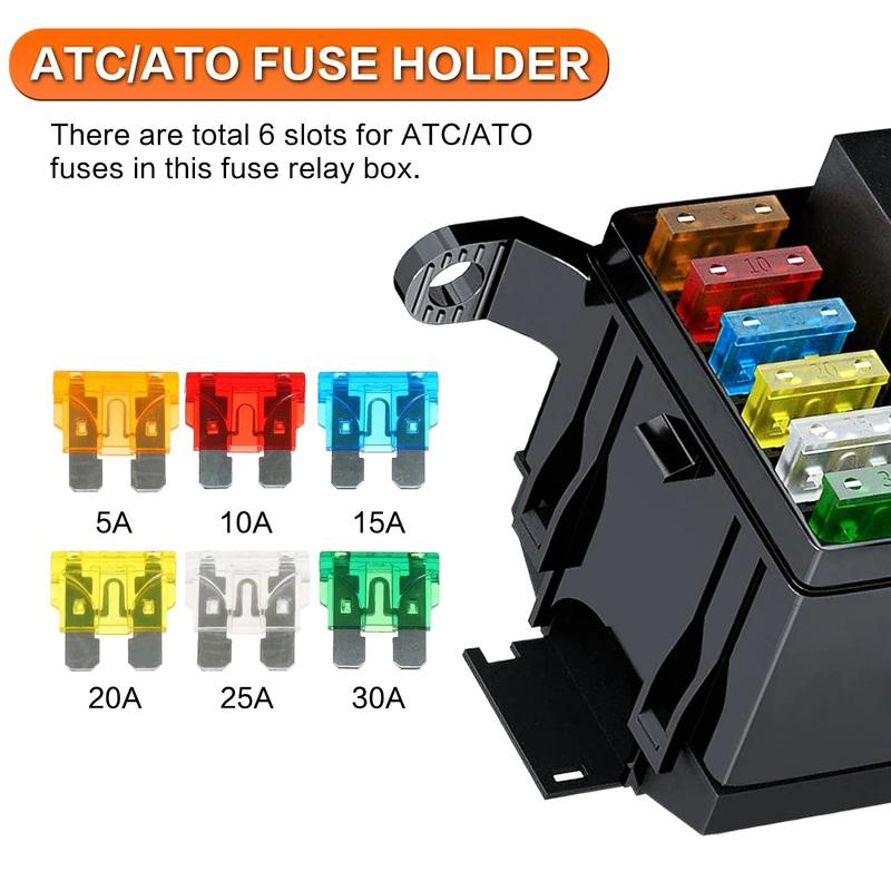 12V Relay Box with Waterproof Relay Fuse Block with 5x5pin JD1914 and 1x4pin RTT7121 Relay 6x ATC/ATO Blades Fuse for Car Truck