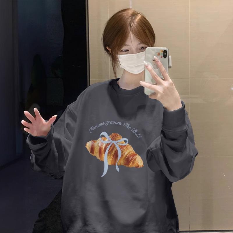 Sweatshirt Bleu Marine pour Femme Imprimé Croissant Coupe Ample Col Rond Doublé Polaire Pull Décontracté
