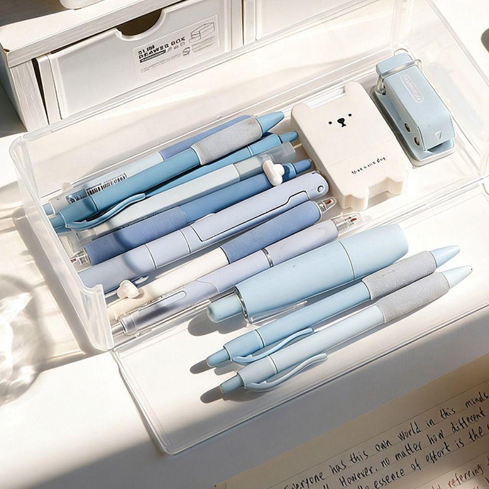 Durable Clear Stationery Storage Box Foldable Large Capacity Desktop Organizer Stackable Pencil Case Students