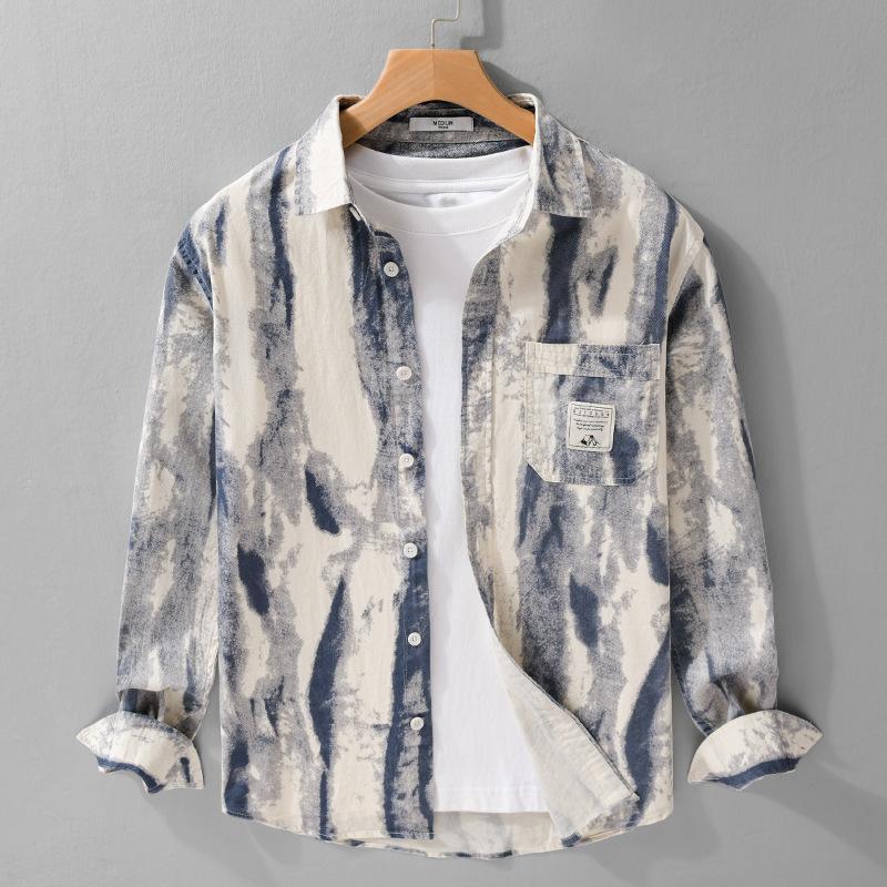 

Men s Tie Dye Patch Pocket Long Sleeve Button Down Shirt Casual Streetwear Top S синий