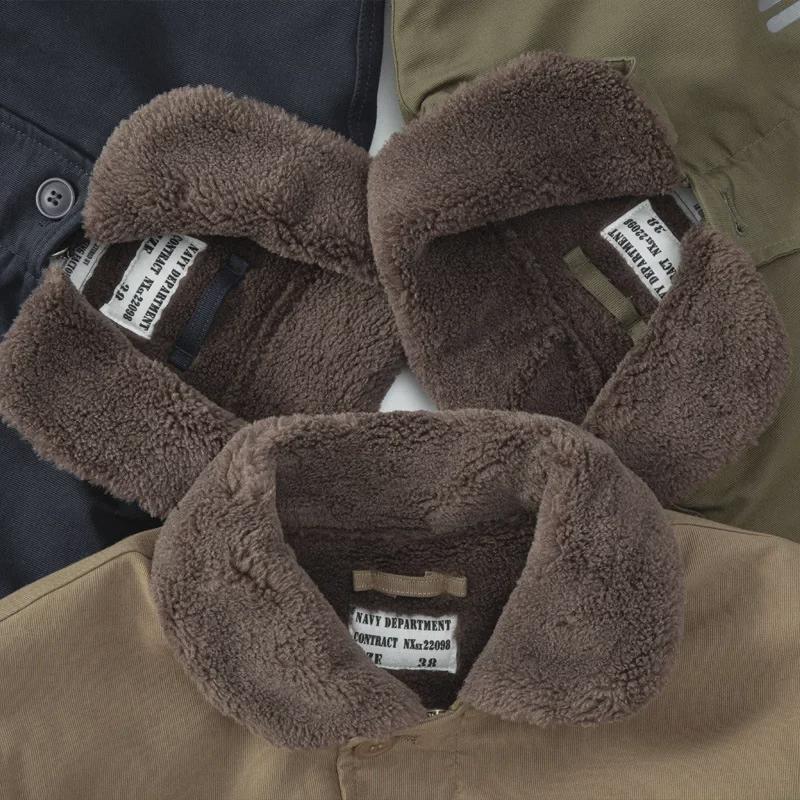 Amei Khaki N1 Deck Suit Men's Retro Lambskin Cotton Coat with Velvet Lining