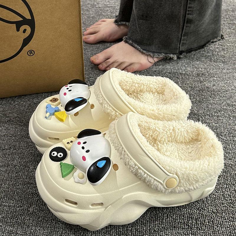 New velvet hole shoes women's winter non-slip outer wear cotton shoes heightened thick-soled home removable cotton slippers