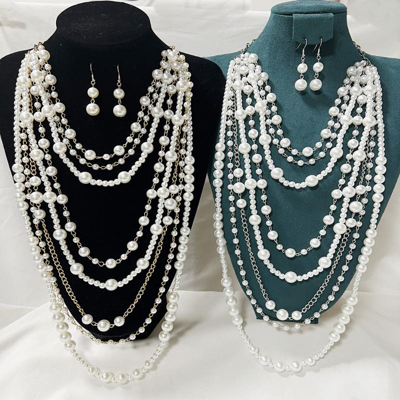 Elegant Multilayer Simulated Pearls Necklace And Earrings Set For Women Long Necklace Fashion Jewelry Accessories