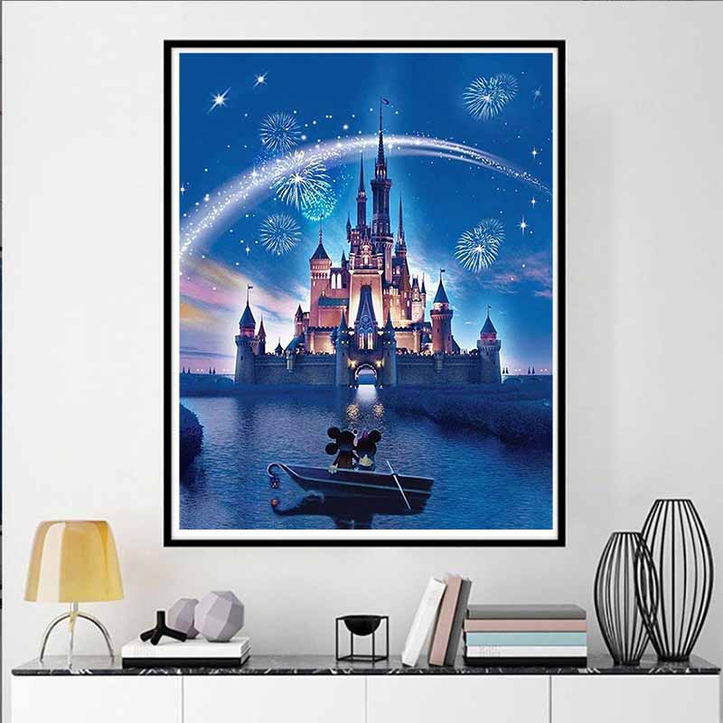 Disney Diamond Painting Classic Castle with Mickey and Minnie Romantic Theme Illustration DIY Kit Adult Arts and Crafts Home Decor and Gift
