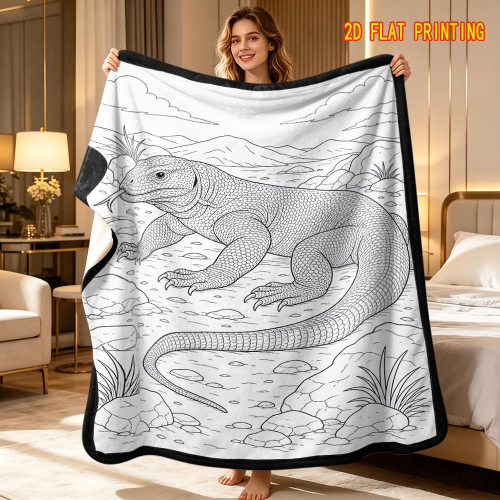 Coloring Flannel Sofa Blanket, Desert Mountain Komodo Dragon with Distant Mountains And Clouds Line Art Pattern, - 1pc Hand-Drawn Coloring Stress-Reli
