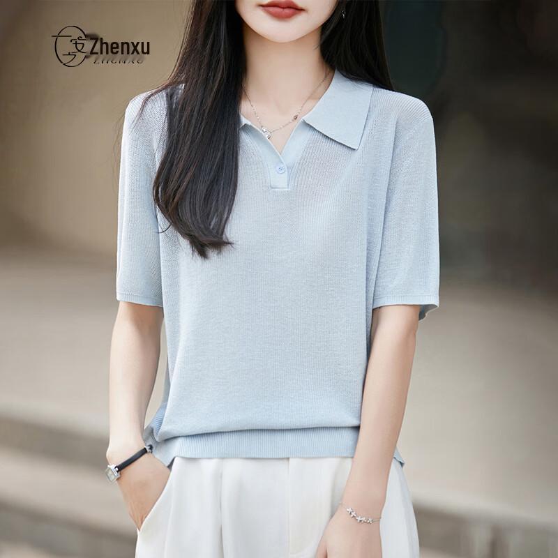 Zhenxu Women's Tencel Linen Polo Knit Top