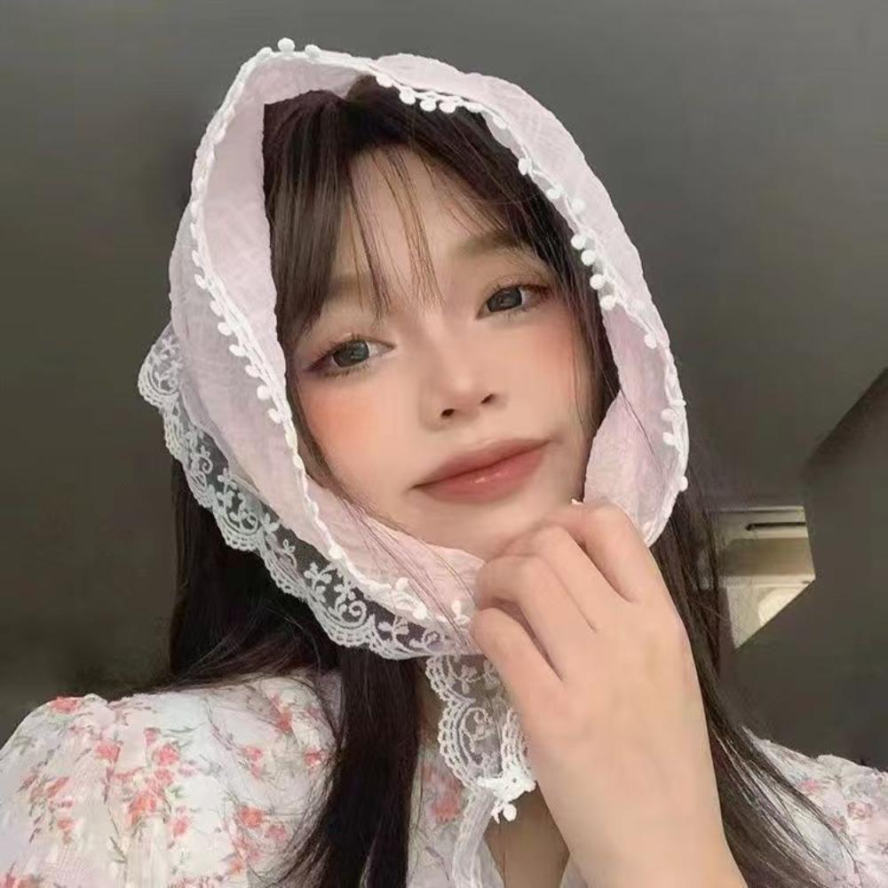 White Woven Floral Lace Hair Scarf Wraps Women Retro Triangle Headscarf Hat Travel Photo Headband Hair Accessories