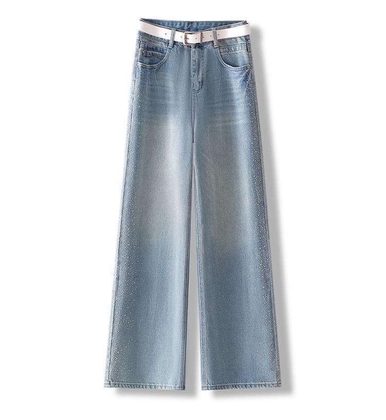 Women's Spring 2026 High-Waisted Loose Wide-Leg Jeans with Side Rhinestones