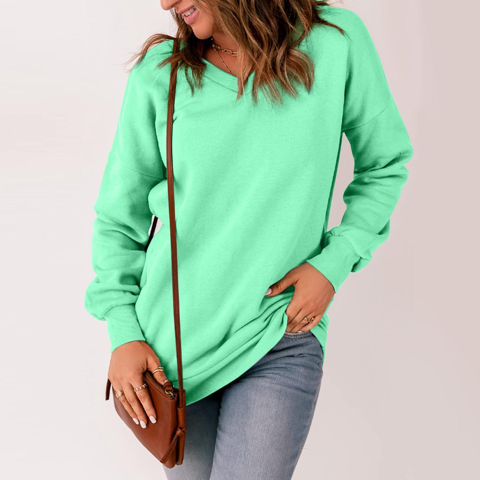 

Женская повседневная толстовка с v-образным вырезом, свободные мягкие пуловеры с длинными рукавами, однотонные рубашки с боковыми карманами XXXL зелёный