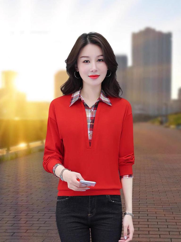 Women's Elegant Fake Two-Piece Hoodie - Long Sleeve, Stylish Korean Fashion for Middle-Aged Moms (Spring/Autumn)