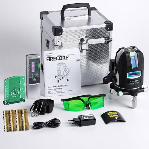 Firecore FGL-411G 5-Line Green Laser Level with 4-Direction Large Square Line Projection, 360 Rotating Laser Line, High Brightness, Automatic Self-Le