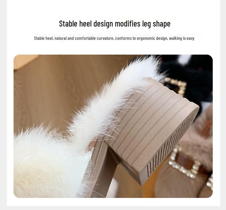 Autumn/Winter 2025 Women's Chunky Heel Furry Cotton Slippers - Mid-High Rabbit Fur Mule Shoes