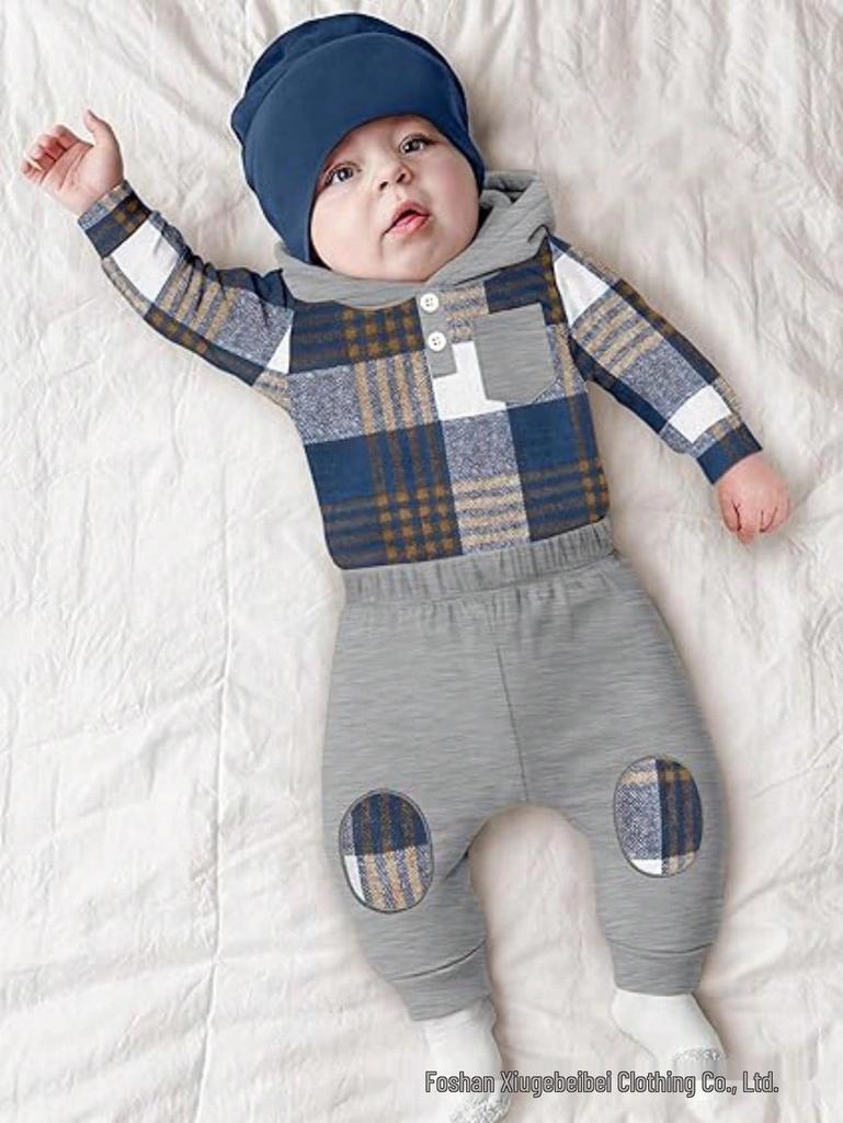 Plaid Hooded Romper & Long Pants Set for Newborns - Autumn/Winter
