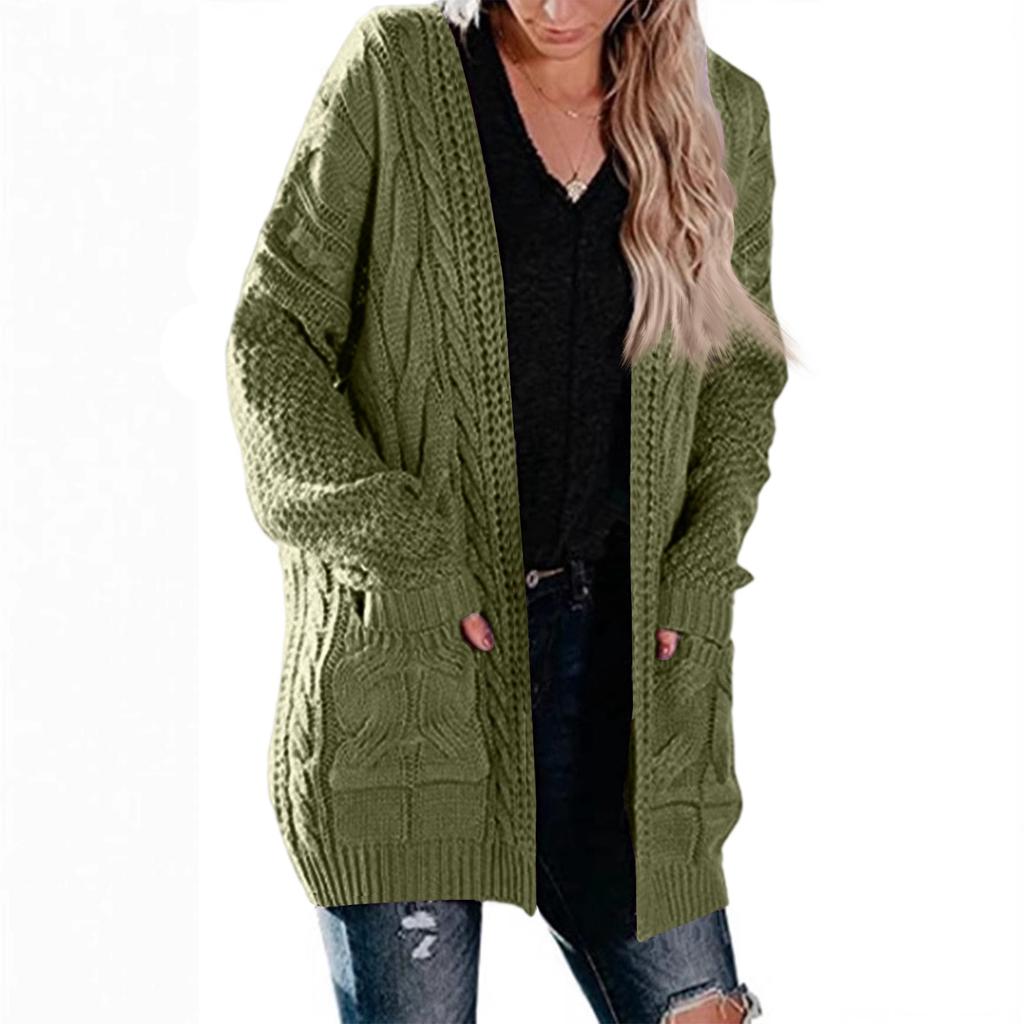 Women's Mid-Length Cable Pocket Knit Cardigan Sweater