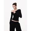 Black Long-sleeved Shirt Women's Spring One-word Shoulder Slim-fitting and Thin Bottoming Shirt Slanted Shoulder Short American Sexy Top