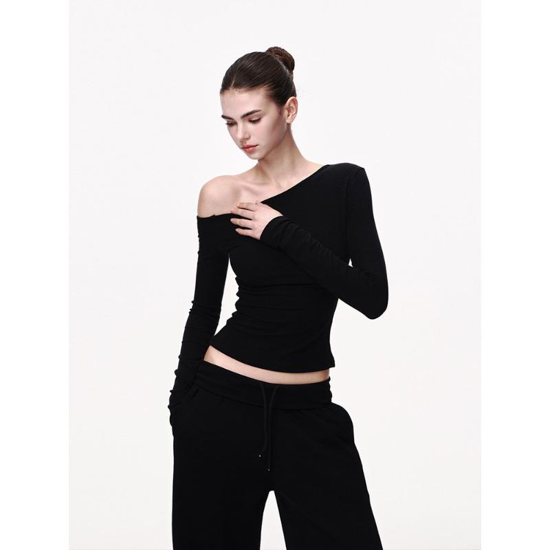 Black Long-sleeved Shirt Women's Spring One-word Shoulder Slim-fitting and Thin Bottoming Shirt Slanted Shoulder Short American Sexy Top