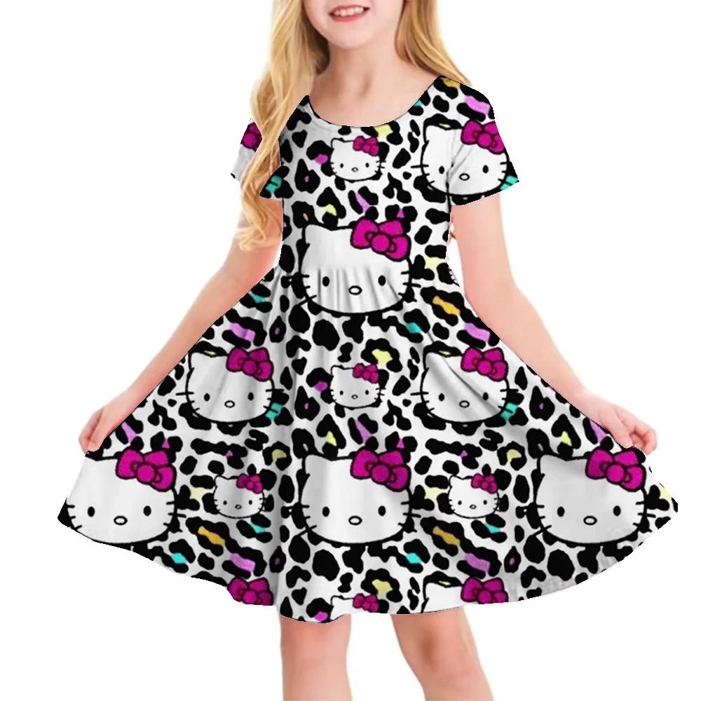 Sanrio New Summer Girls Dress Fashion Cartoon Cute Cinnamoroll &Hello Kitty 3D Printing Dress Kid Short Sleeve Princess Clothing