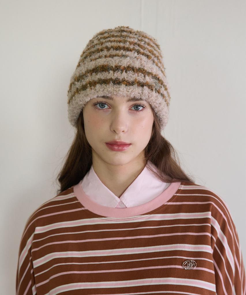 PINK PINEAPPLE Fluffy Stripe Beanie _Beige