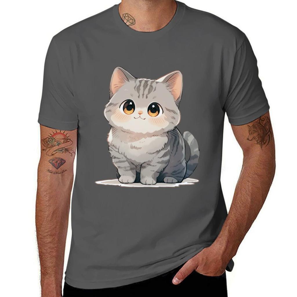 Cute Kawaii British Grey Cat T-Shirt man t shirt cotton high quality t shirt men 100% cotton luxury brand T-Shirt