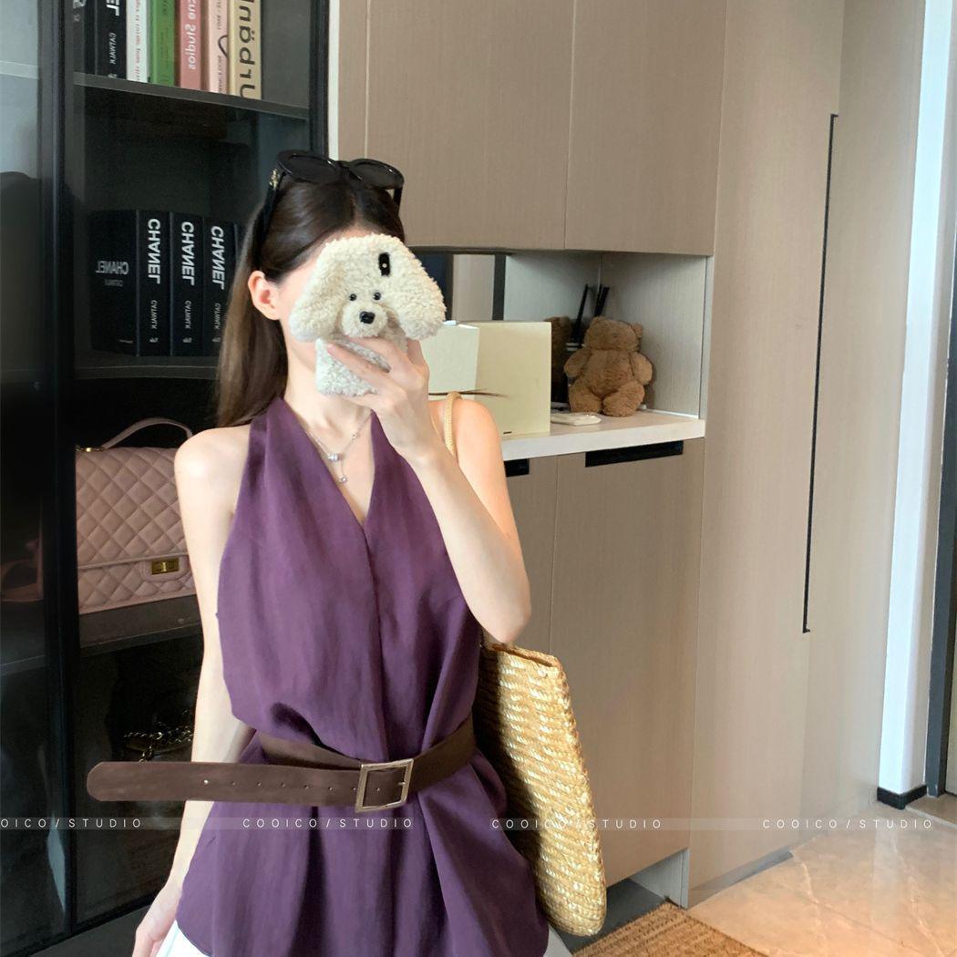 Elegant Slimming French V-Neck Sleeveless Vest with Waist-Cinching Belt S