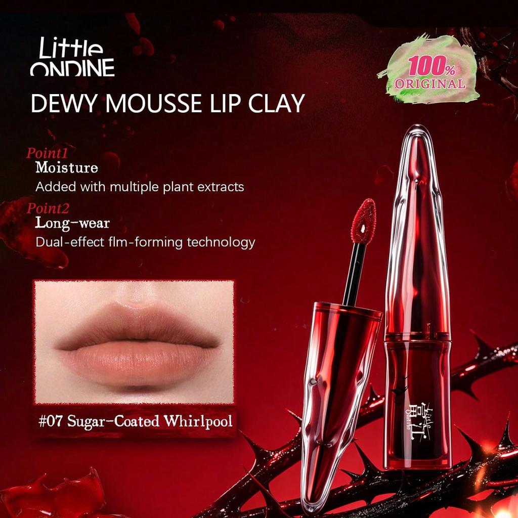 Little ONDINE Dewy Mousse Lip Clay 01-07, Water-To-Matte, Non-Fading, Soft Velvet Finish, Long-Lasting Moisturizing Comfort, Gift 2.8g/0.1 Oz