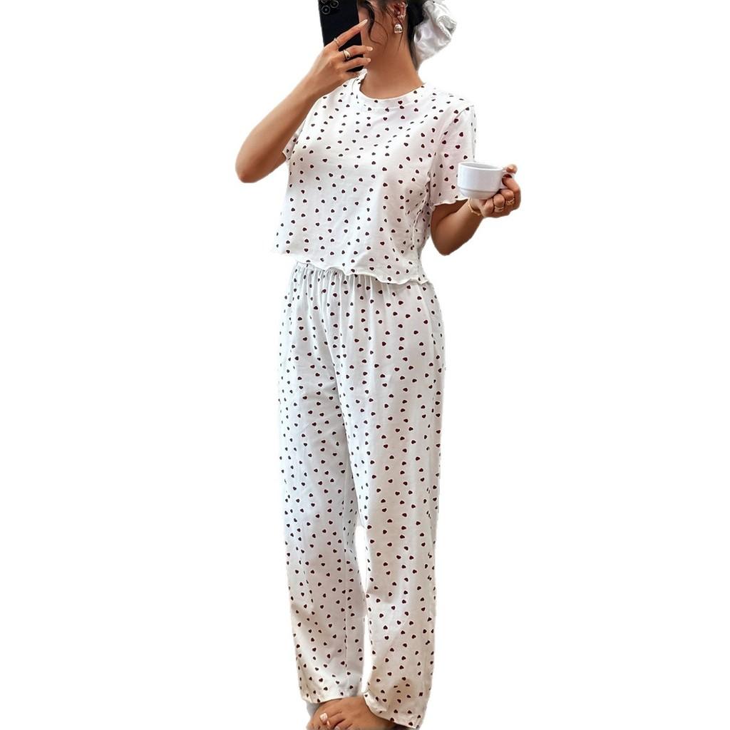 Pigiama in Cotone da Donna con Stampa a Cuore Comodo Set Loungewear per Casa e Viaggio