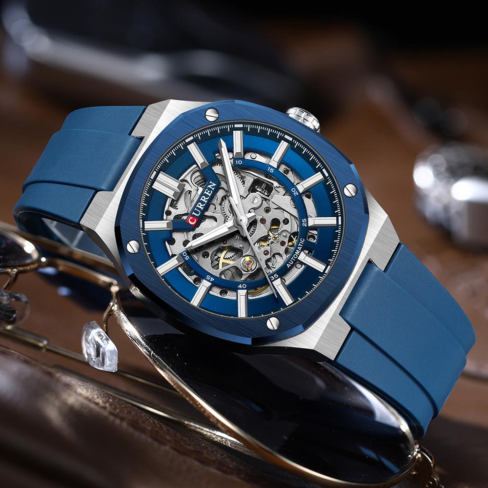 CURREN Men Automatic Mechanical Original Waterproof Silicone Strap Luminous Business Fashion Clock
