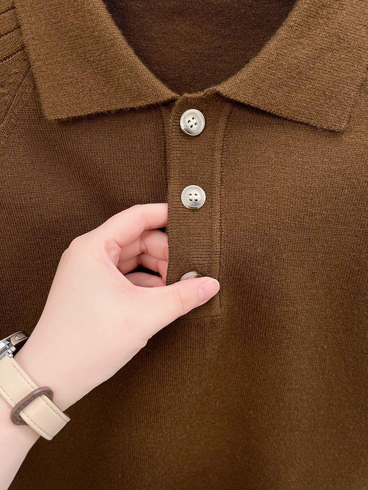 Solid Color Long Sleeve Polo Collar Wool Sweater