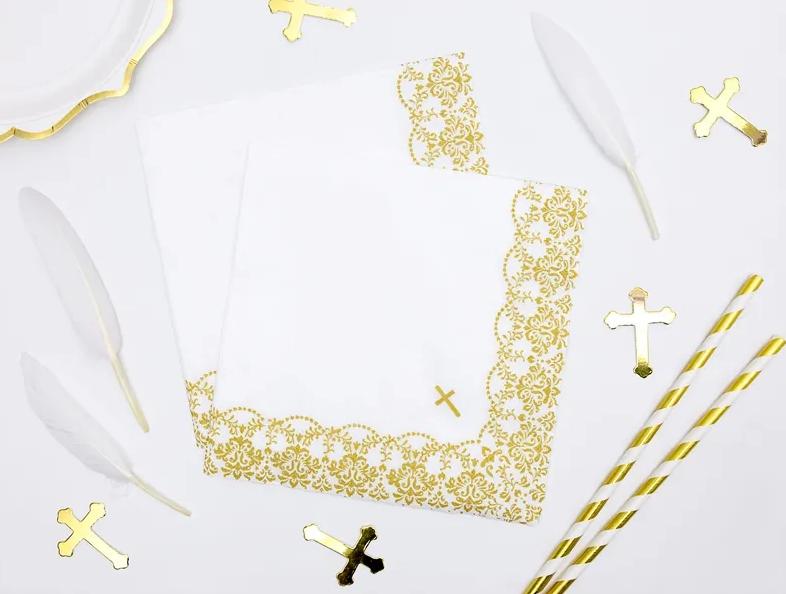 Communion Napkins White Gold Ornament Holy Communion Cross 33X33Cm 20 Pcs