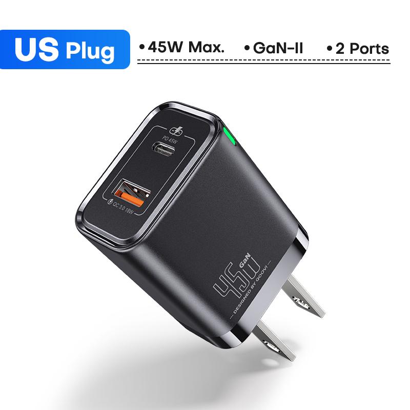 QOOVI Caricatore USB GaN 45W Caricatore da muro USB tipo C a ricarica rapida PD QC3.0 Ricarica rapida per iPhone Samsung S23 S21 MacBook Laptop Tablet