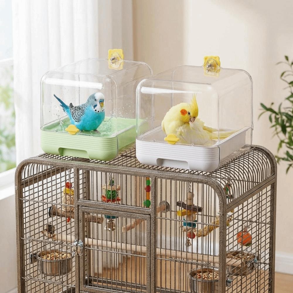 Transparente 2-in-1 Papageien-Badewanne Platzsparend Vogel-Wasser-Futterspender Vogelkäfig Zubehör