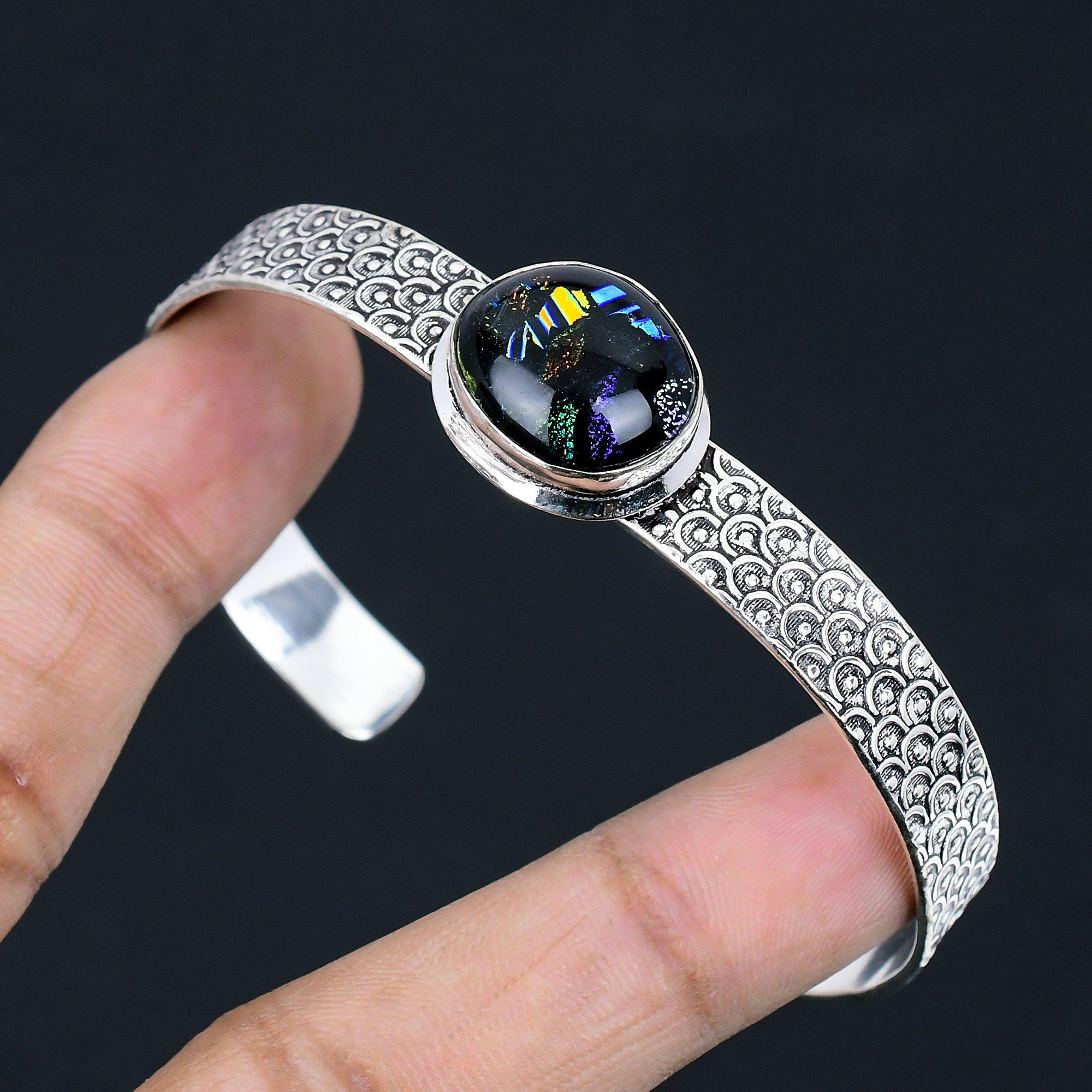 

American Dichroic Glass Gemstone 925 Silver Birthday Sister Boho Bangle Bracelet Adjustable