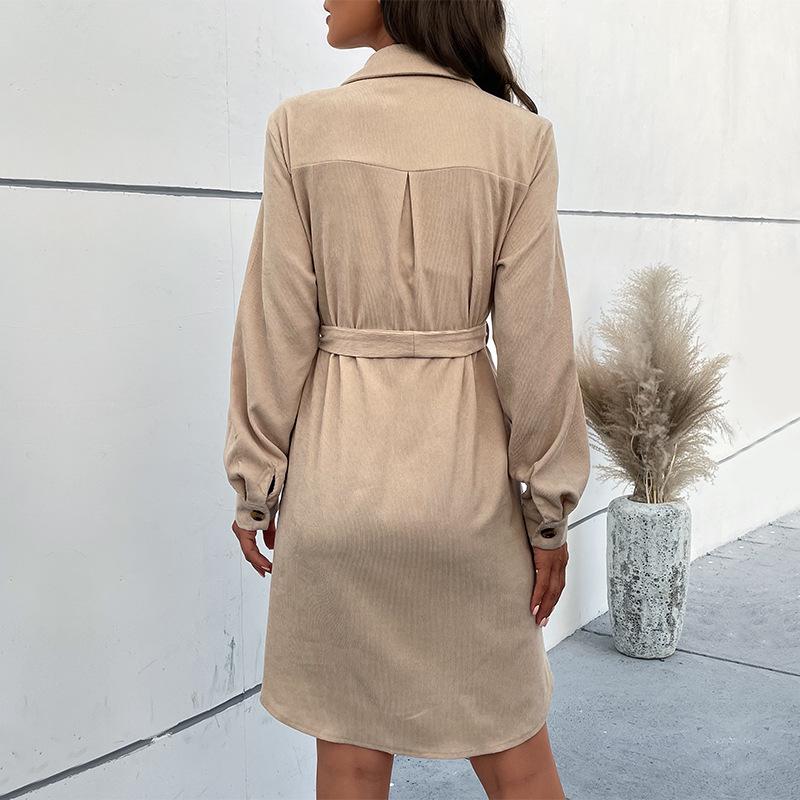 2025 Autumn/Winter Women's Solid Color Lace-Up Casual Shirt Dress