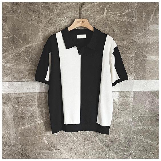 Summer Casual Loose Trendy Men's Short Sleeve Polo Shirt Trendy Gray and White Color Block Turn-down Collar Breathable Men's Knit Shirt