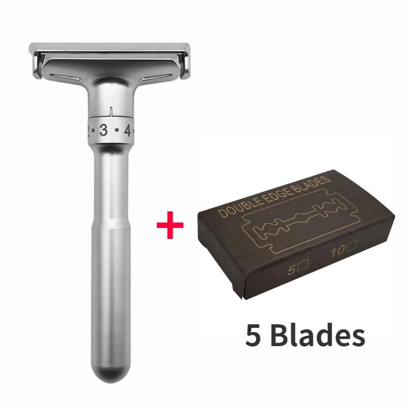 New Adjustable Safety Razor Mens Folding Shaving Double Edge Classic Safety 5 Pcs Titanium Coated Blades And Shaver Holder