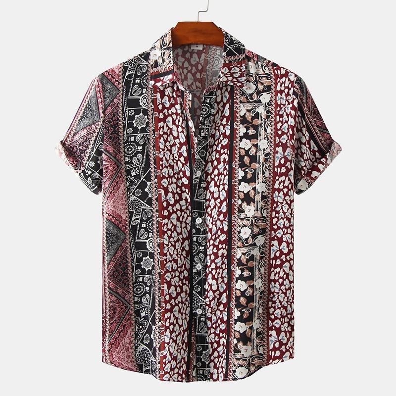 Men Short Sleeve Button Down Shirt Geometric Diamond Print Casual Summer Beach Shirt