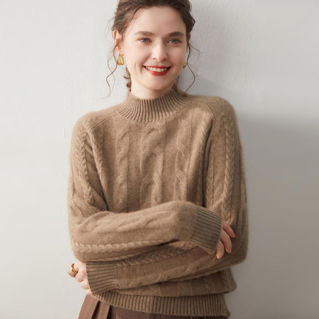 Cashmere Cable Knit Raglan Sweater - Half-High Neck, Loose Fit
