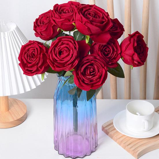 10 Heads Artificial Rose Flower Realistic Faux Silk Long Stem Rose Bouquet with Leaf for Home Kitchen Office Wedding Party Decoration