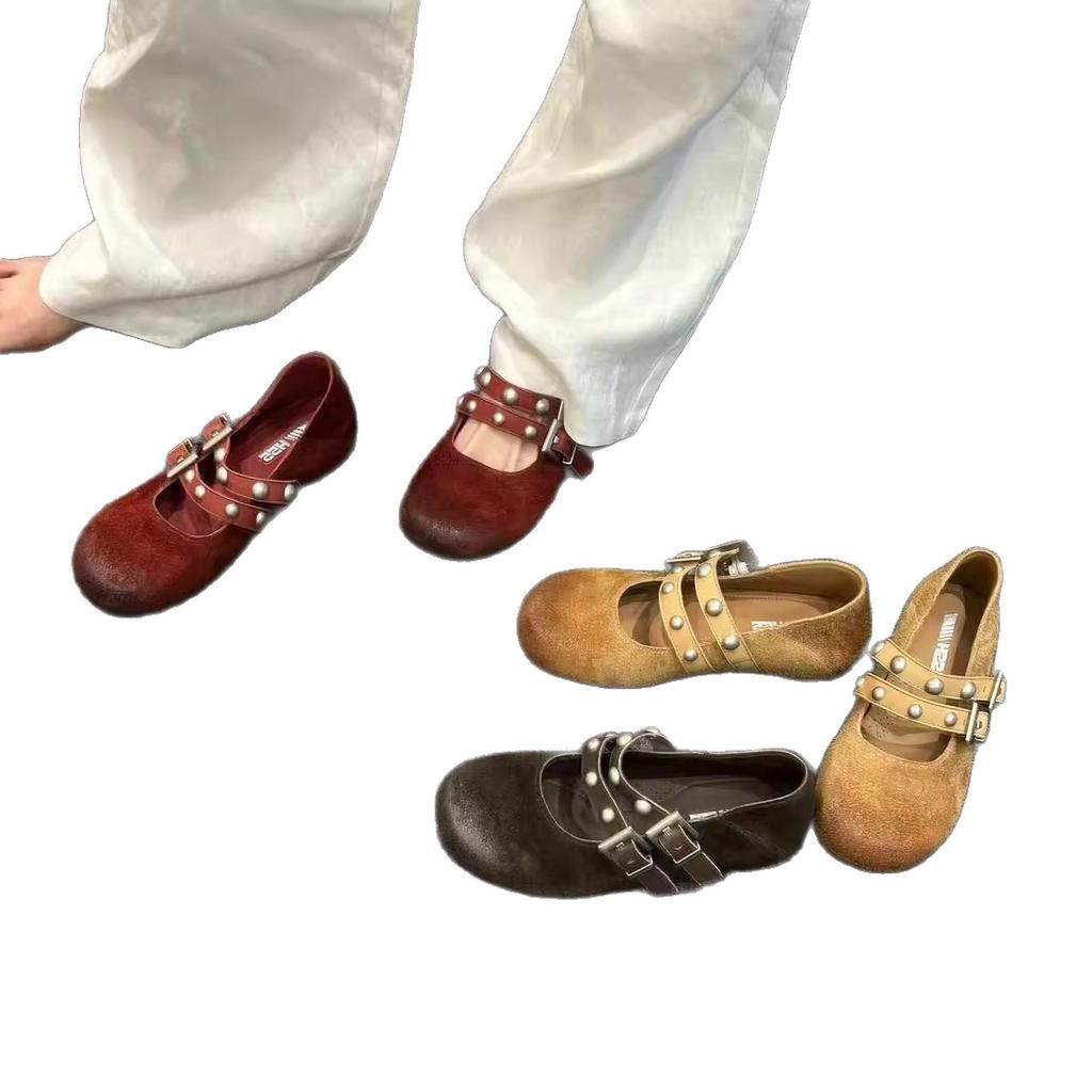 Cinnabar Night Walk 2025 Autumn New Light Mouth Versatile Retro Transparent Wax Qin Color Rivet French Mary Jane Shoes Women