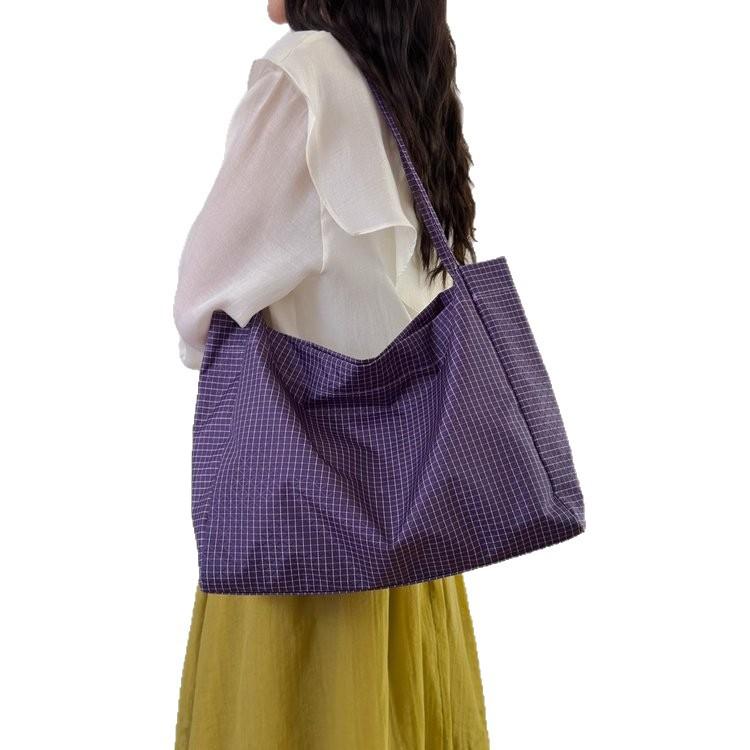 New Simple Literary Japanese Plaid Handbag Bag Women'S Lightweight Casual Shoulder Bag Versatile Large-Capacity Tote Bag